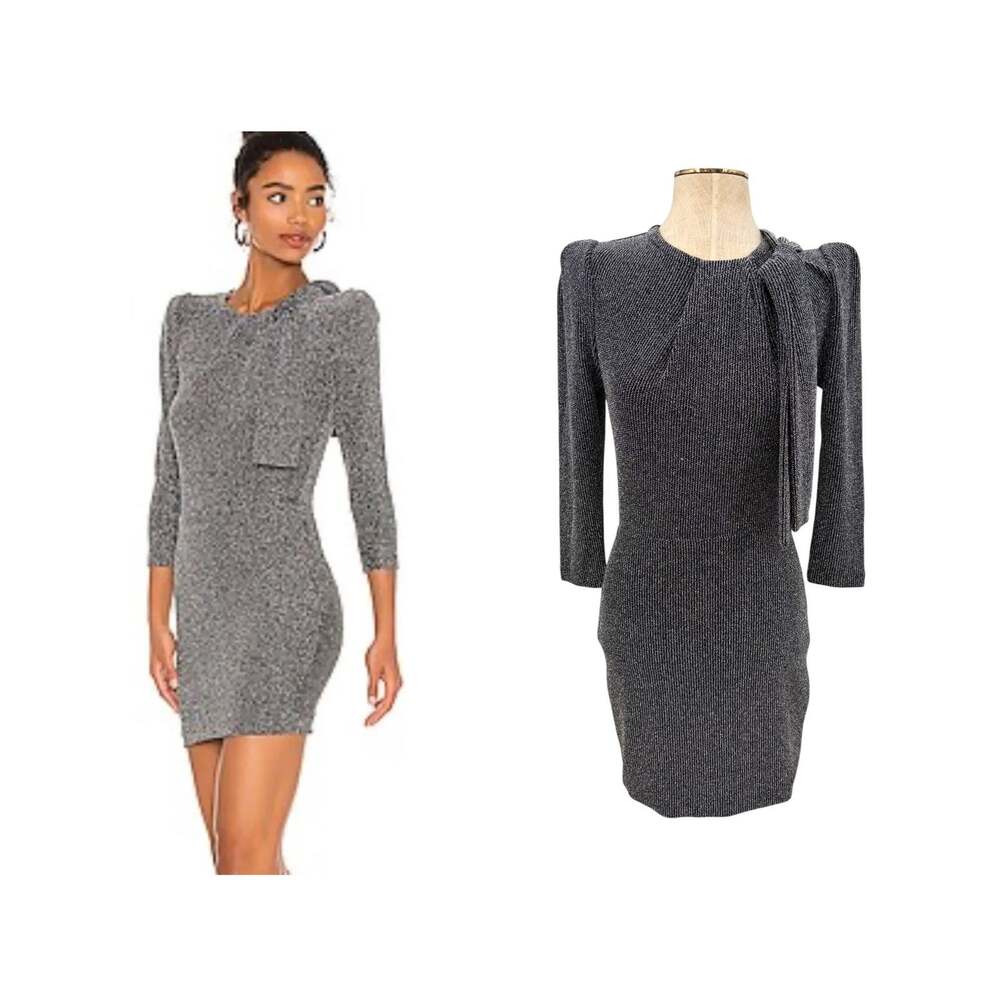 IRO Perk Metallic Silver Black Ribbed Knit Tie Neck Puff Sleeve Mini Dress 34